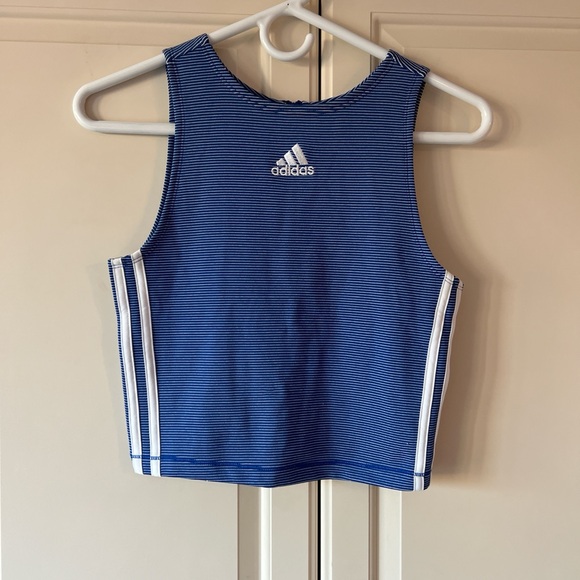 adidas Tops - adidas Blue and White Striped Athletic Crop Tank